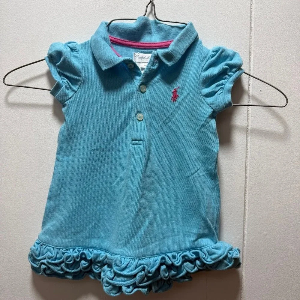 Ralph Lauren Baby Girls Blue Ruffle Polo Dress 6M Turquoise Pink Pony Logo